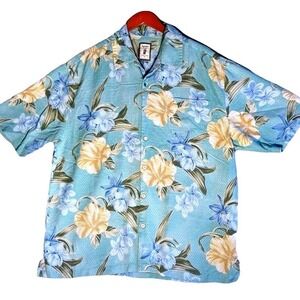 Jamaica Jaxx Mens 100% Silk Tropical Floral Camp Shirt Blue Large Hibiscus Print
